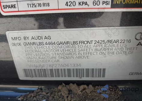 2007 Audi A3 2.0T из США, поврежденный, VIN WAUNF78P27A061334